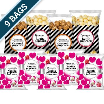 Deanan Gourmet Popcorn - Hearts -2 each (3 Cup Caramel, Kettle) 5 each 1.5 Cup Hearts Vanilla)