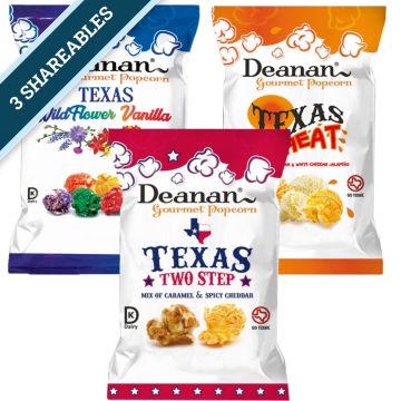 Deanan Gourmet Popcorn - Texas Trio (3 Shareable Bags: Texas Two Step, Texas Heat, Wildflower Vanilla)